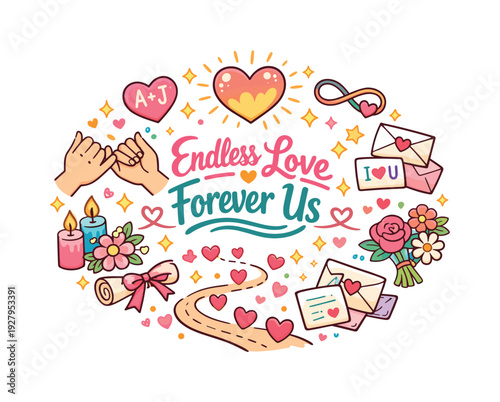 Endless Love Forever Us. Hand drawn illustration of Endless Love Forever Us. radiant heart, infinity symbol,