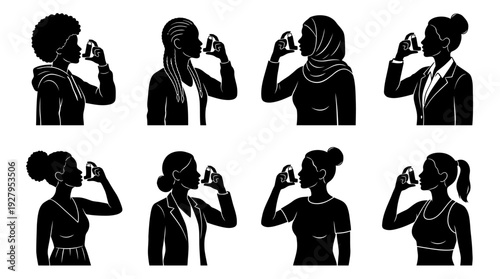 Inhaler Usage Silhouette Vector Set – Diverse Female Profiles Depicting Asthma Care and Respiratory Wellness for Medical Graphics, Health Awareness Posters, and Educational Design Projects