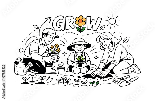 Family Gardening Time. Parents and a child planting flowers side by side, tiny sprouts and garden tools neatly