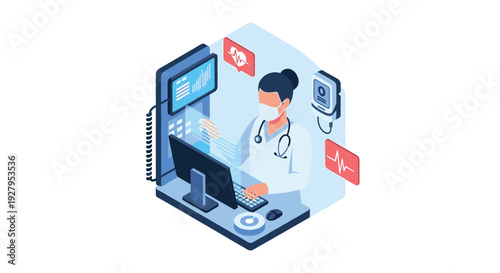 A female doctor in a face mask and white coat works at a futuristic computer with holographic screens showing medical data and vital signs in an isometric illustration.