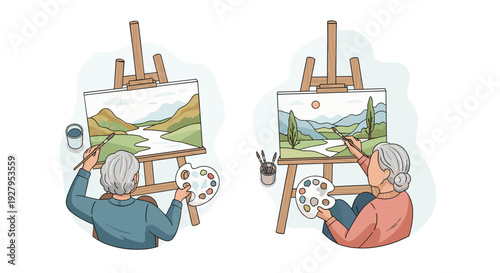 A two-panel illustration shows the back view of an elderly woman painting a landscape on an easel, progressing from a sketch to a more complete painting.