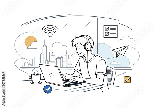 Digital nomad workspace. Person working on laptop with coffee and headphones, panoramic city view behind glass