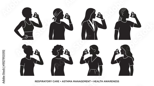 Inhaler Usage Silhouette Vector Set – Diverse Female Profiles Depicting Asthma Care and Respiratory Wellness for Medical Graphics, Health Awareness Posters, and Educational Design Projects
