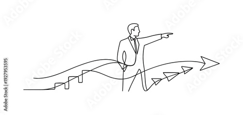 Leadership Vision. Minimalistic one-line drawing central figure guiding abstract elements forward symbolizing
