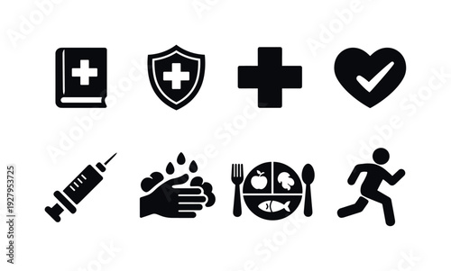 Health education and prevention. Filled icon set of Health education and prevention: health book, prevention