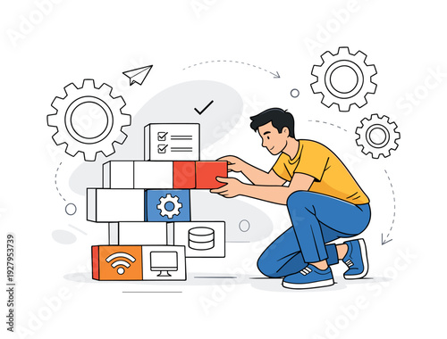 Modular System Assembly. Configuration Management. Person connecting modular blocks into a structured system,