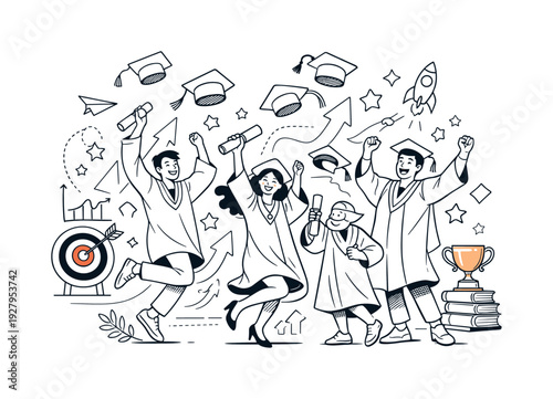 Academic achievements and graduations. Graduates throwing caps into the air, joyful movement