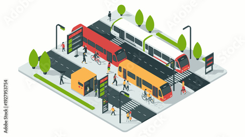 Isometric illustration of a city bus station with people and vehicles