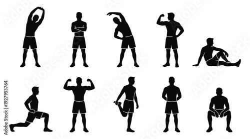 Male Exercise Silhouette Vector Set – Dynamic Fitness Poses Featuring Stretching, Running, Meditating, and Flexing for Workout Graphics and Health Design Projects