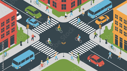 A busy city street intersection with people walking and vehicles driving on a crossroad with buildings and greenery around