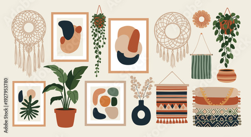 Bohemian interior design elements including potted plants, macrame hangings, abstract art, and cozy textiles for home decor.