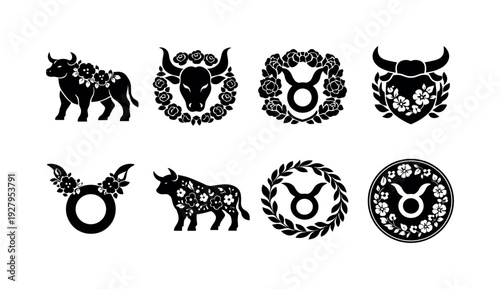 Floral zodiac Taurus set. Filled icon set of Floral zodiac Taurus set: bull with flowers, rose wreath bull,