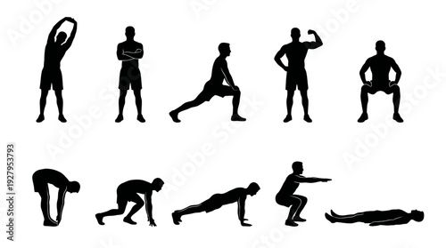 Male Exercise Silhouette Vector Set – Dynamic Fitness Poses Featuring Stretching, Running, Meditating, and Flexing for Workout Graphics and Health Design Projects