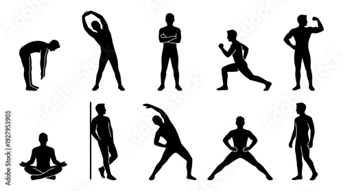 Male Exercise Silhouette Vector Set – Dynamic Fitness Poses Featuring Stretching, Running, Meditating, and Flexing for Workout Graphics and Health Design Projects