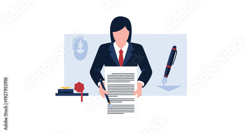 A flat vector illustration of a professional businesswoman in a suit presenting a contract for signing, with a large pen and official seals in the background.