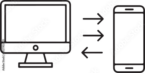 A single vector outline illustration of a desktop computer and a smartphone with arrows indicating data transfer between them
