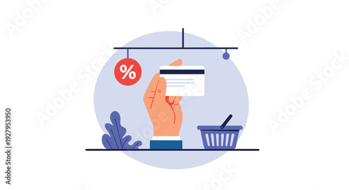 A stylized vector illustration depicts a hand holding a credit card next to a shopping basket and a percentage sign icon.
