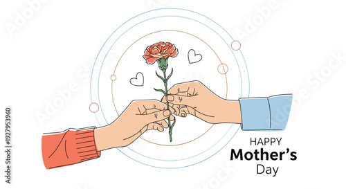 Touching Mother's Day illustration showing a hand giving a single carnation flower to another person as a token of love.