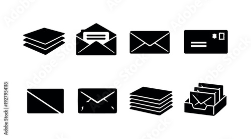 Paper envelope stack. Filled icon set of Paper envelope stack: stacked envelopes, open