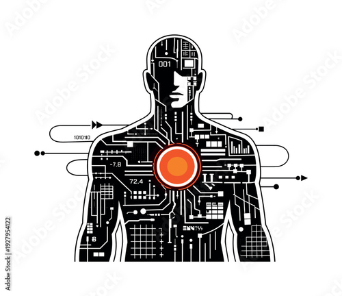 A black-and-white human figure depicted as a programmed persona, body assembled from circuit-like lines, grids