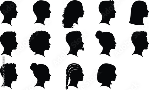 Comprehensive Human Face Profile Silhouette Set Featuring Artistic Male and Female Side View Headshots with Elegant Modern Hairstyles