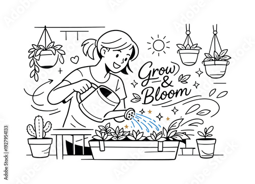 Urban Balcony Gardening. A smiling woman surrounded by hanging pots and small planters, carefully watering