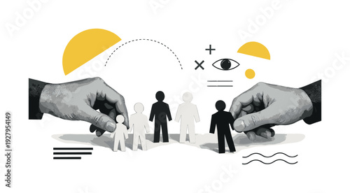 A metaphorical human cutouts illustration: black-and-white hands arranging paper human
