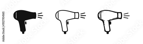 Hair dryer icon set with various styles (solid, outline, hand-drawn) blowing air to the left