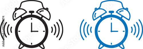 Alarm clock ringing alert icon set with sound waves representing morning wake up call time management urgency schedule reminder and productivity in daily routine life