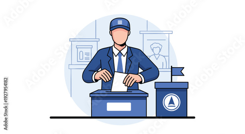 A flat vector illustration shows a man in a blue suit and cap placing his voting paper into a ballot box at a polling station.