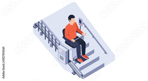 An isometric illustration shows a man using a motorized chair lift to safely ascend a staircase inside a modern home.