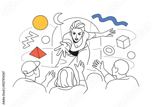 Avant-Garde Art Interaction. A performance artist interacting with an audience in an avant-garde show. Artist