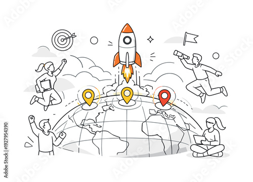 Worldwide Release. Rocket lifting off from a digital globe, location pins activating one by one. Sense of