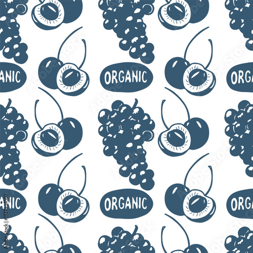 Hand drawn seamless fruit pattern with blue grapes and cherry. Retro Italia dolce vita background perfect for menus, wrapping, wallpapers.	