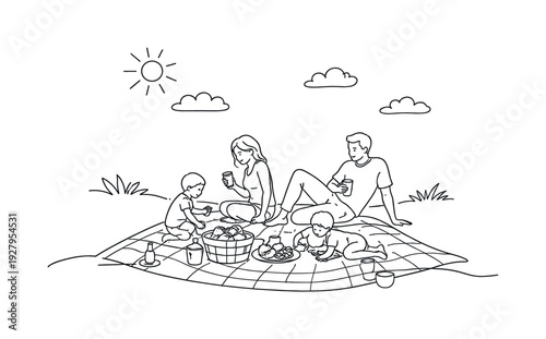 Sunny Weekend Mood. Minimalistic one-line drawing picnic scene with blanket, food, and small figures