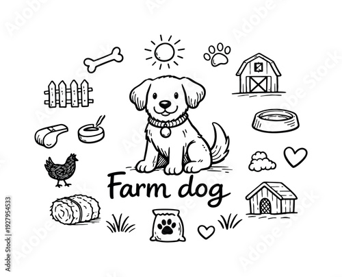 Farm dog. Hand-drawn doodle illustration of Farm dog. In the middle, one slightly larger