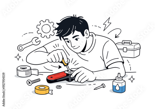 Repairing tools. Person tightening a loose screw on a hand tool, steady hands and focused posture. Calm,