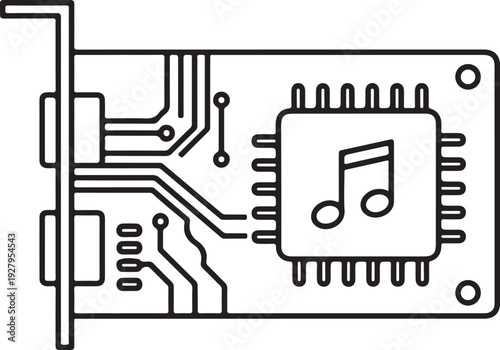 Audio sound card circuit board with musical note symbol on chip for computer technology and digital music production concept vector illustration
