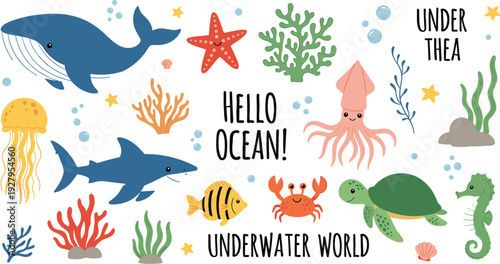 Hello Ocean Underwater World Collection with Whale, Shark, Jellyfish, Turtle, Coral and Sea Animals Vector Illustration Set