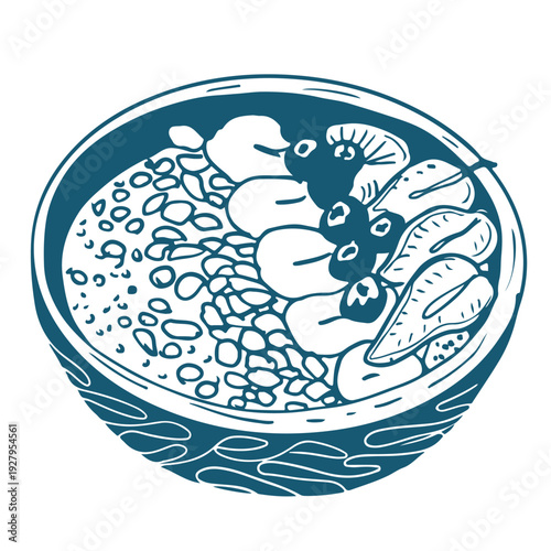 Hand drawn sketch illustration of  a fruits bowl. Vintage mediterranian blue style.