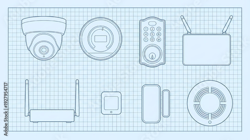 Smart Home Device Top View Vector Set – Security Camera, Thermostat, Smart Lock, Router and Sensor Blueprint Technical Outline
