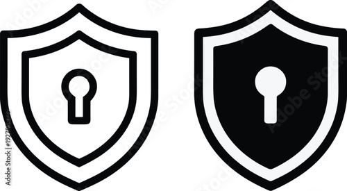 Glossy vector icon set featuring a shiny glass shield with sword symbol design for web security and business computer internet information signs