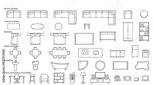 Architectural Furniture and Interior Symbols – Minimalist Top-Down Floor Plan Vector Set