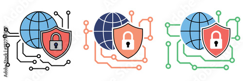 cybersecurity icon set, internet protection, safe network, privacy shield, malware defense, and system security symbols, editable vector