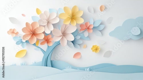 Wallpaper Mural Pastel paper cut floral tree landscape with falling petals background Torontodigital.ca