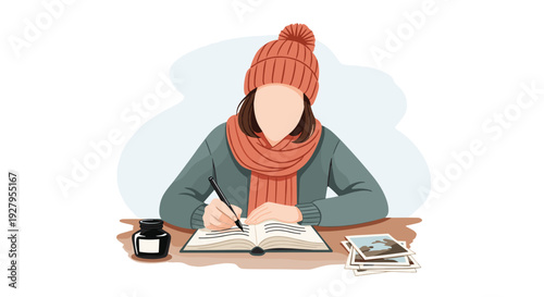 A cozy illustration of a woman in a winter hat and scarf writing in a journal with a fountain pen at a wooden desk.