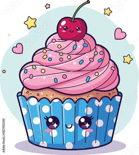 Cartoon cupcake with pink frosting and cherry on sprinkles