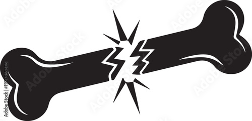Black silhouette of a bone broken in half with jagged edges and radiating sharp lines, representing fracture or injury