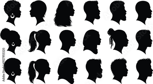 Comprehensive Human Face Profile Silhouette Set Featuring Diverse Male and Female Side View Headshots with Various Hairstyles