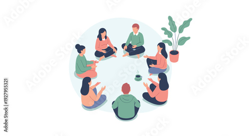 A diverse group of people sits in a circle on the floor for a group therapy or support meeting in a flat vector illustration.